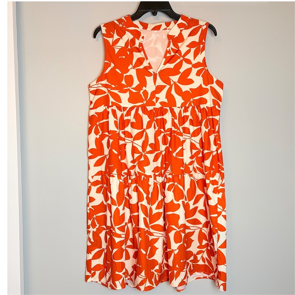 SHEIN Orange White Floral Leaf Print Tiered Babydoll Dress Sleeveless Large